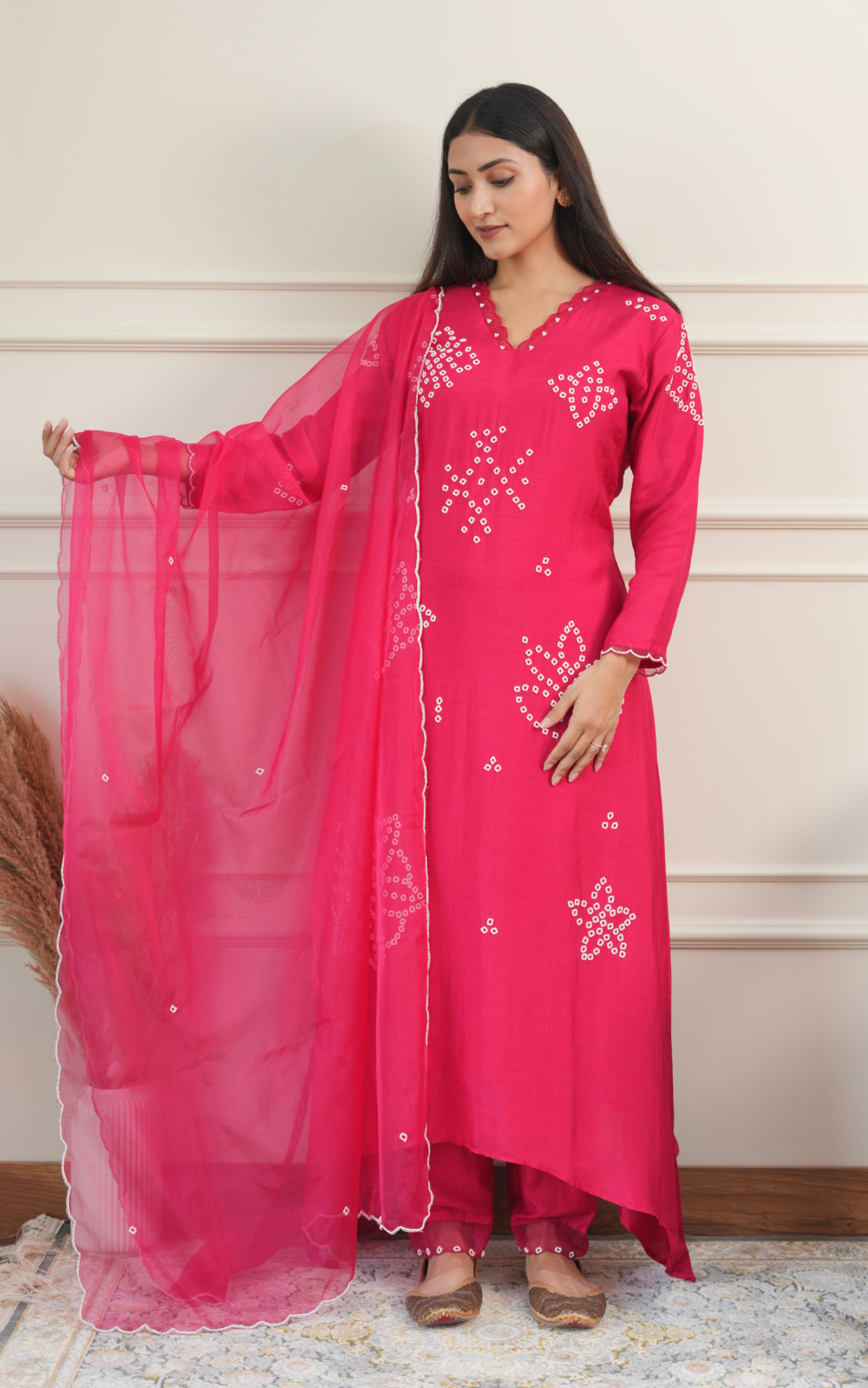 Fuchsia Pink Russian Silk 3-Piece Suit with Organza Dupatta