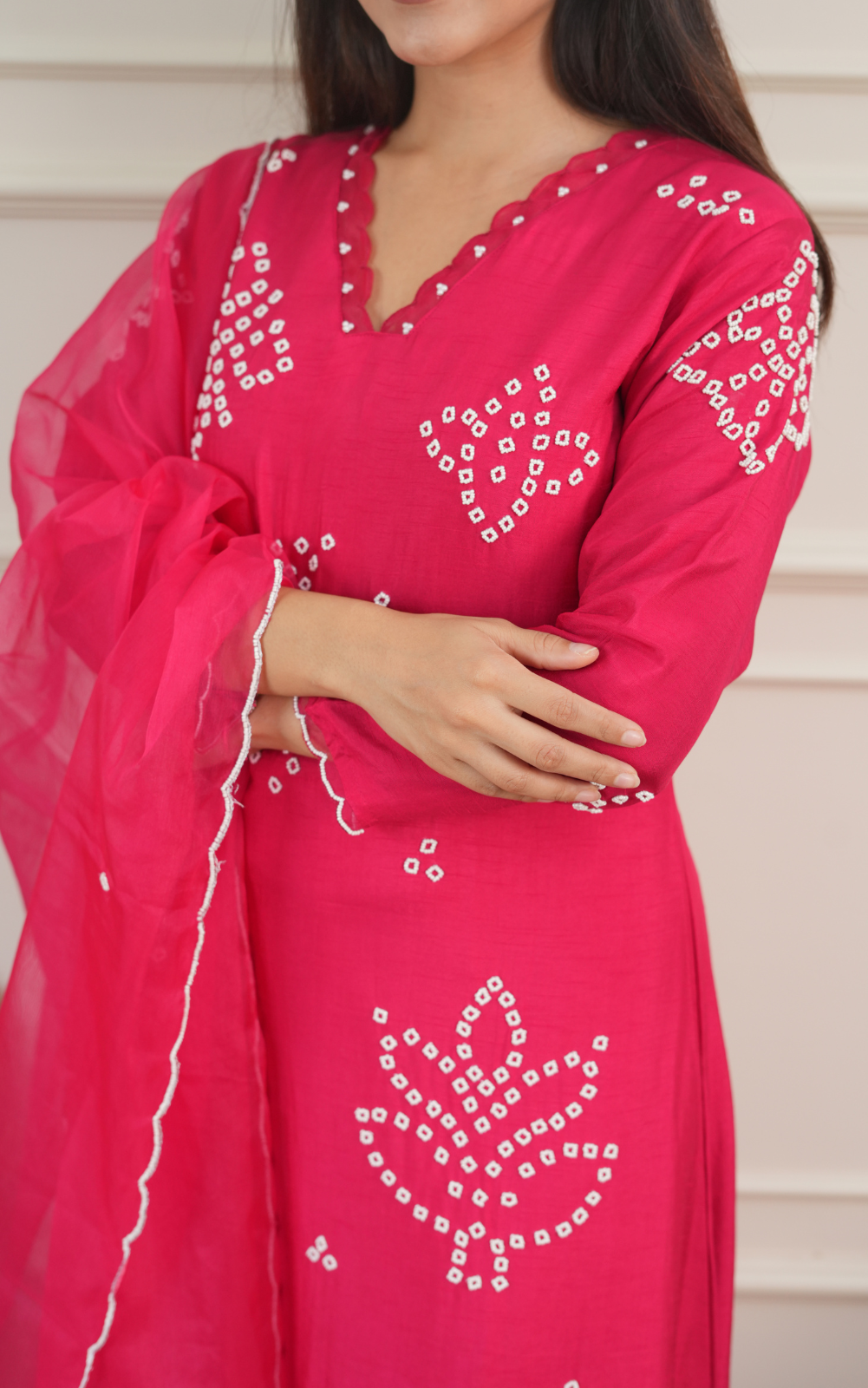 Fuchsia Pink Russian Silk 3-Piece Suit with Organza Dupatta