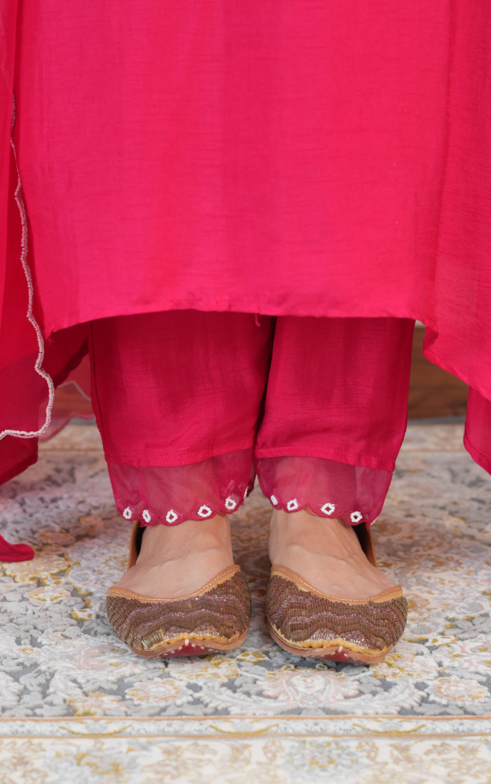 Fuchsia Pink Russian Silk 3-Piece Suit with Organza Dupatta