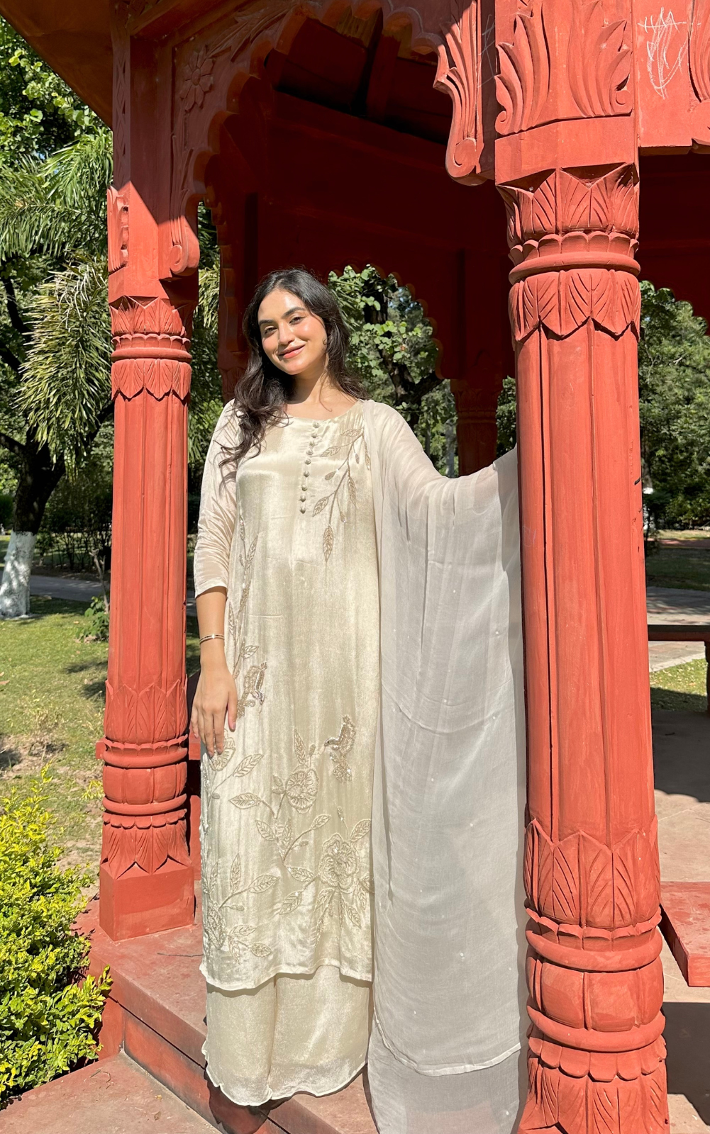 Ivory Chinon 3-Piece Suit with Chiffon Dupatta
