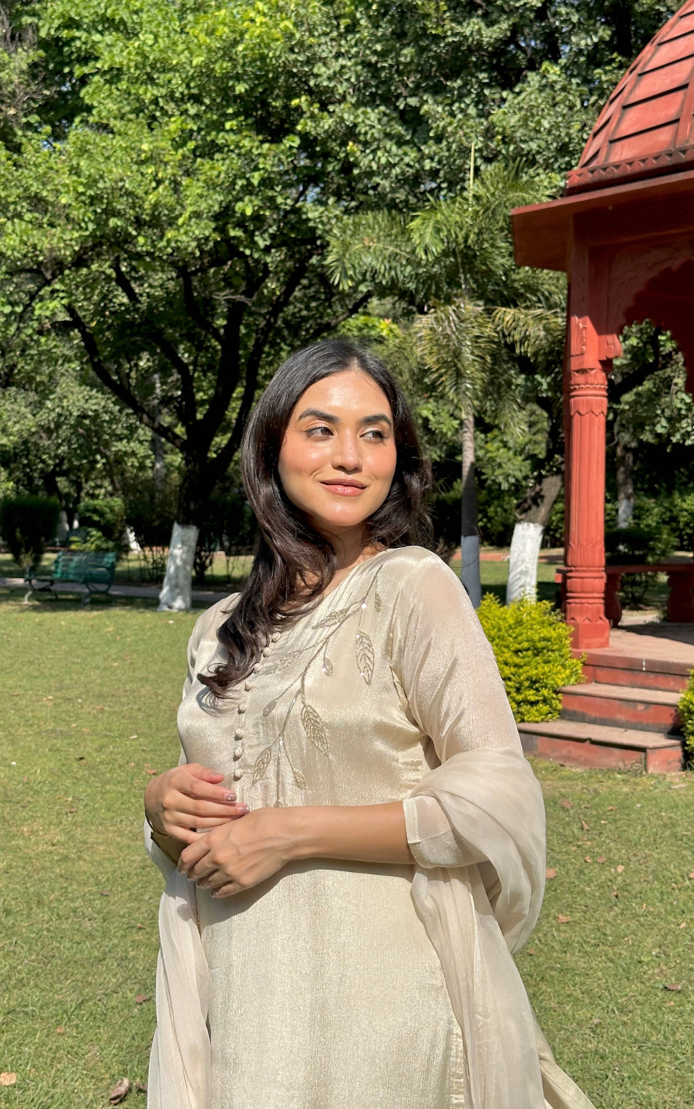 Ivory Chinon 3-Piece Suit with Chiffon Dupatta