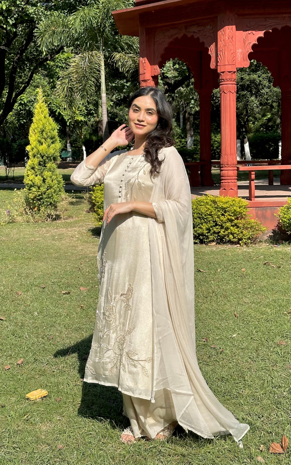 Ivory Chinon 3-Piece Suit with Chiffon Dupatta