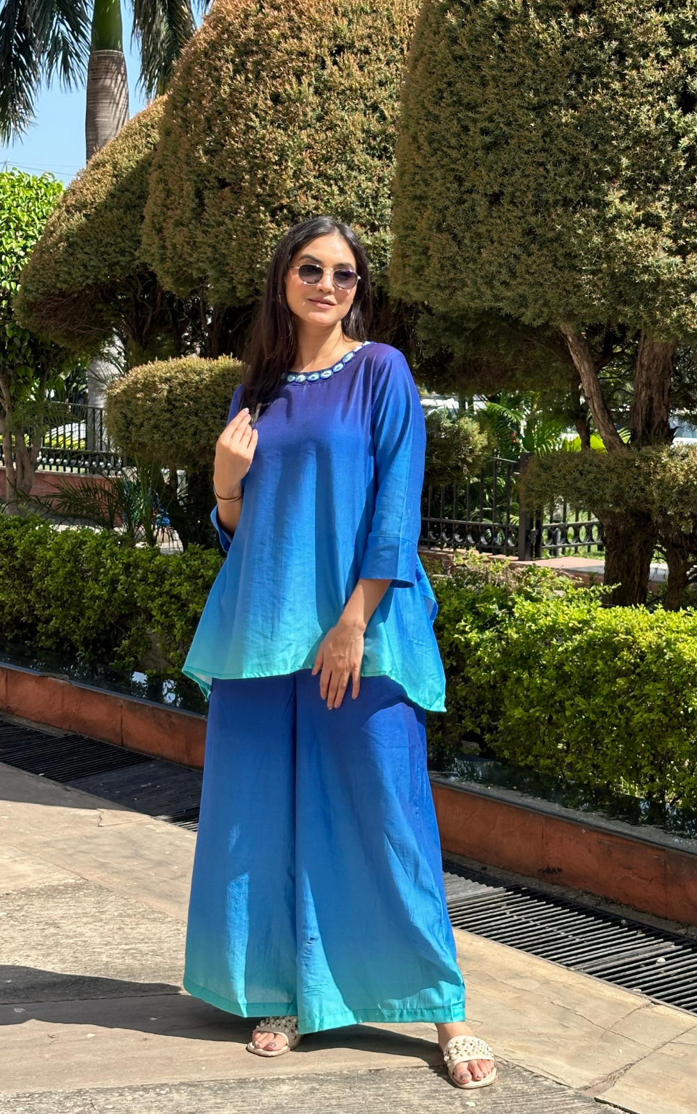 Gradient Blue-Aqua Co-ord Set with Evil Eye Neckline