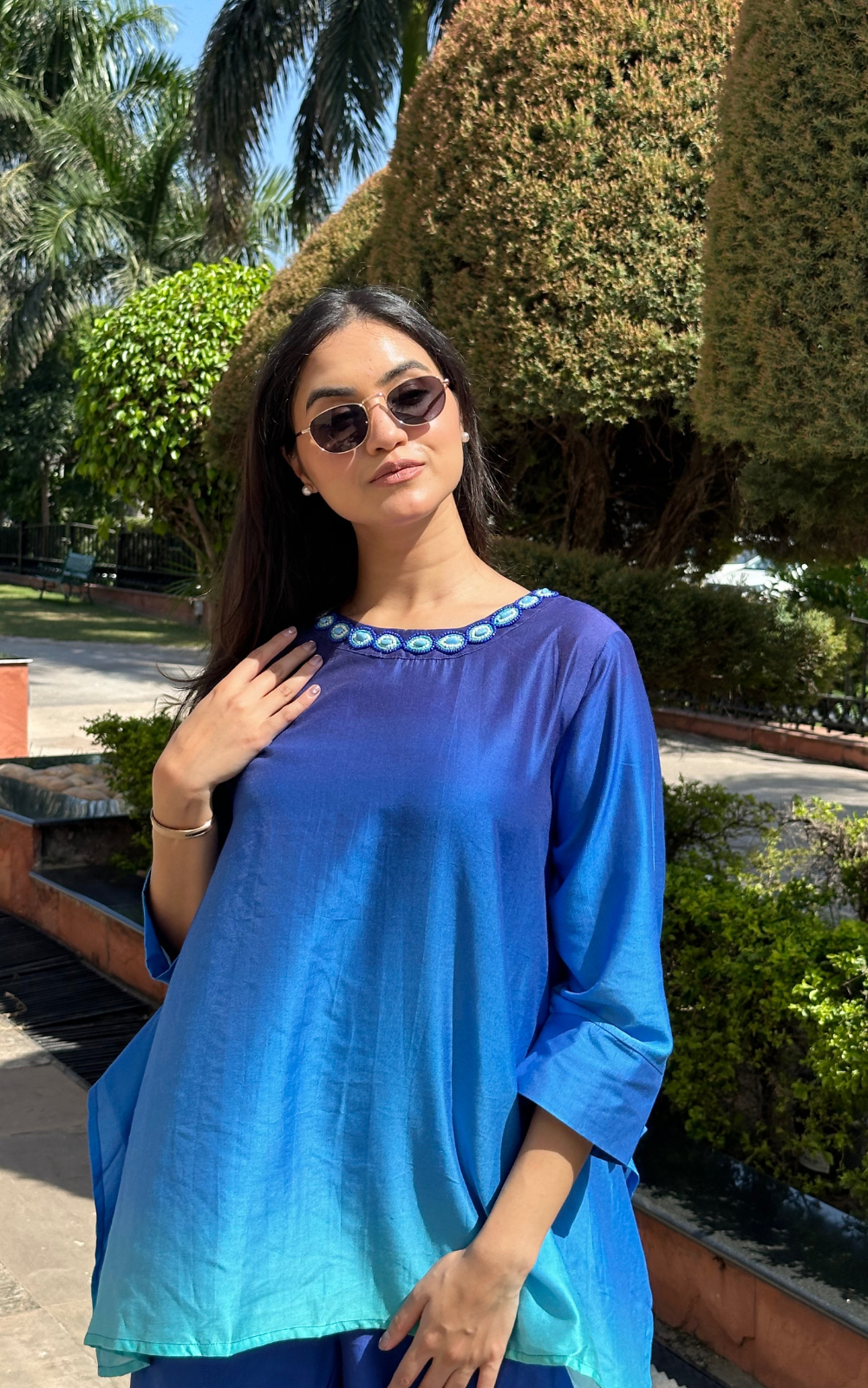 Gradient Blue-Aqua Co-ord Set with Evil Eye Neckline