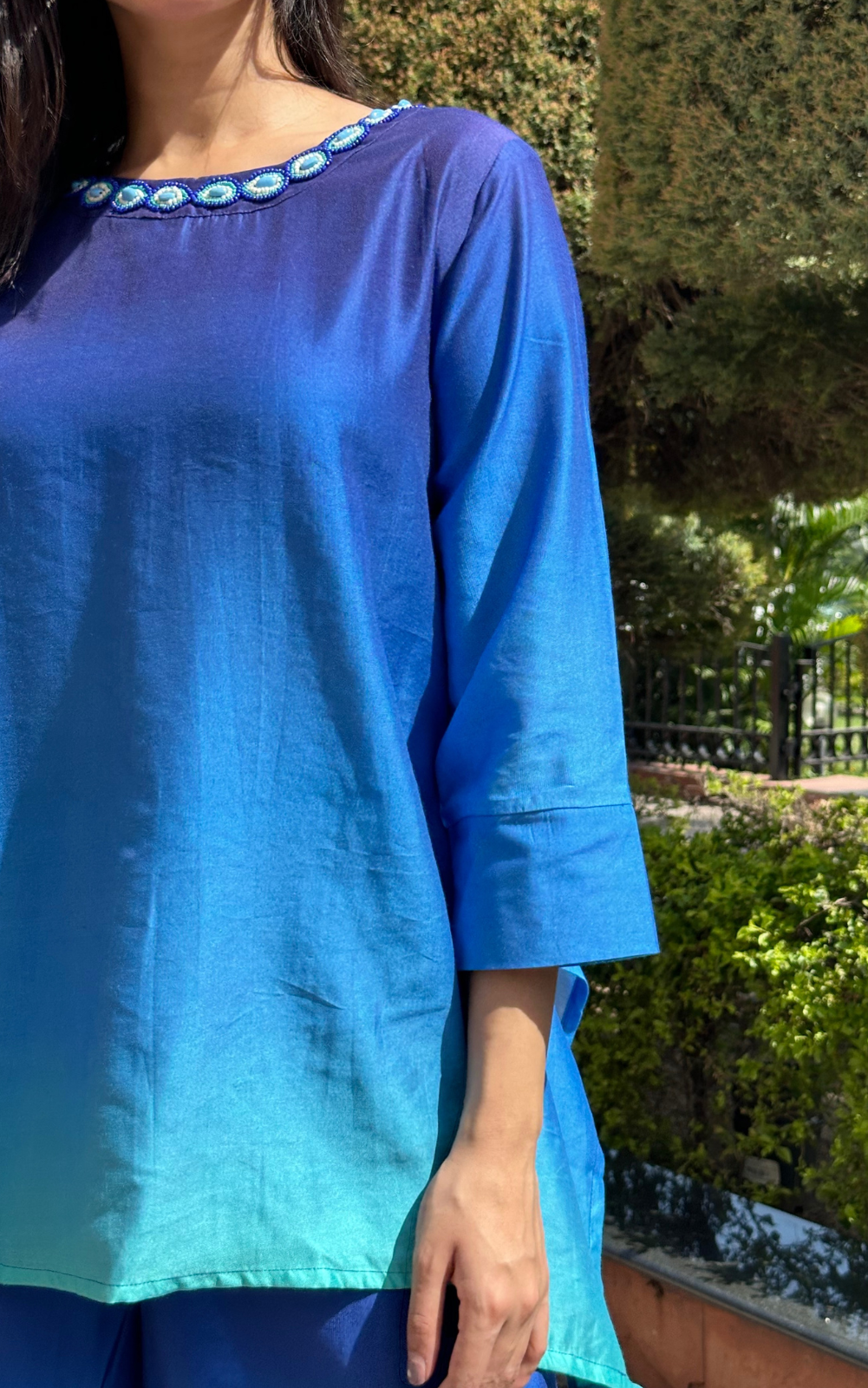 Gradient Blue-Aqua Co-ord Set with Evil Eye Neckline