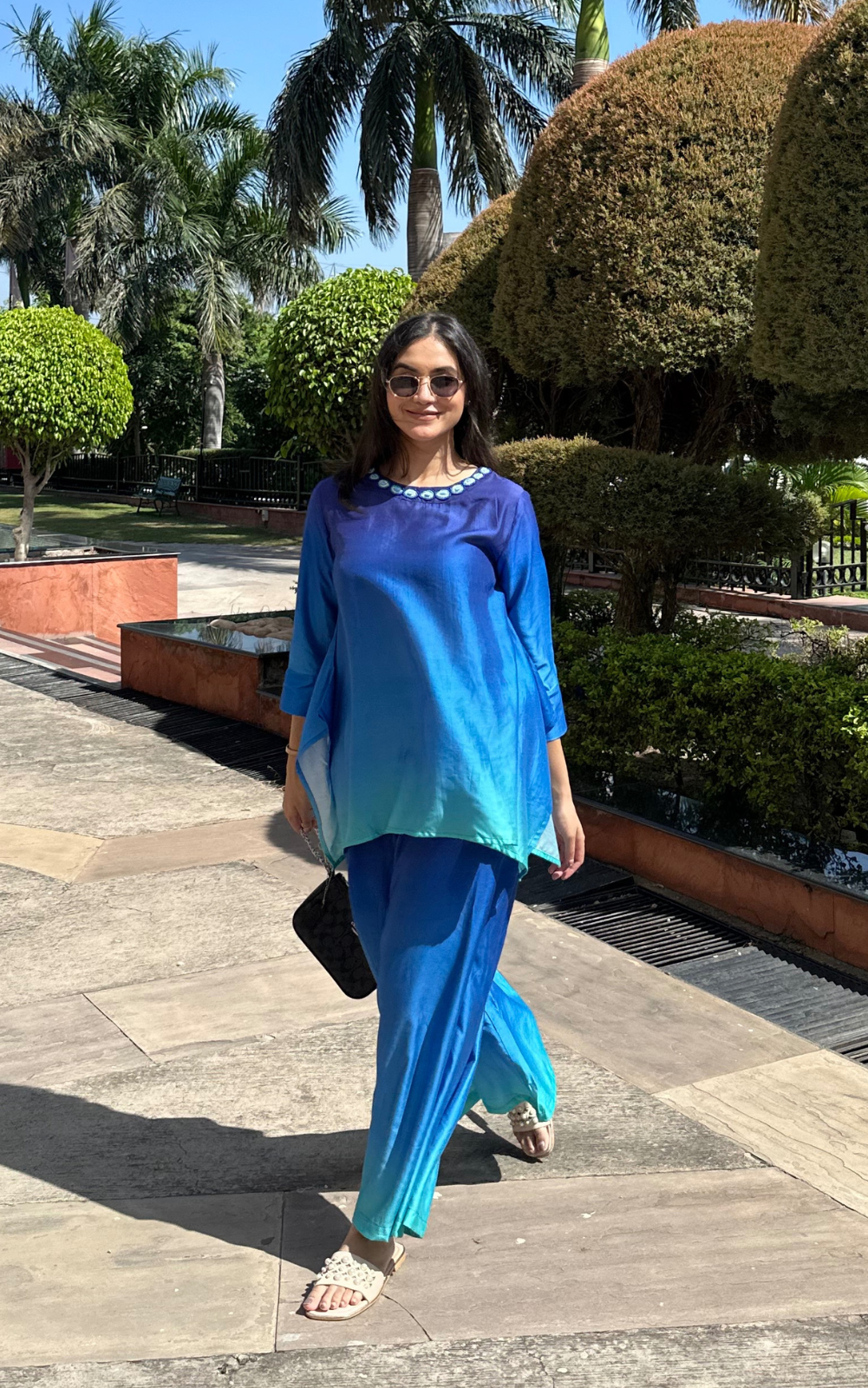 Gradient Blue-Aqua Co-ord Set with Evil Eye Neckline