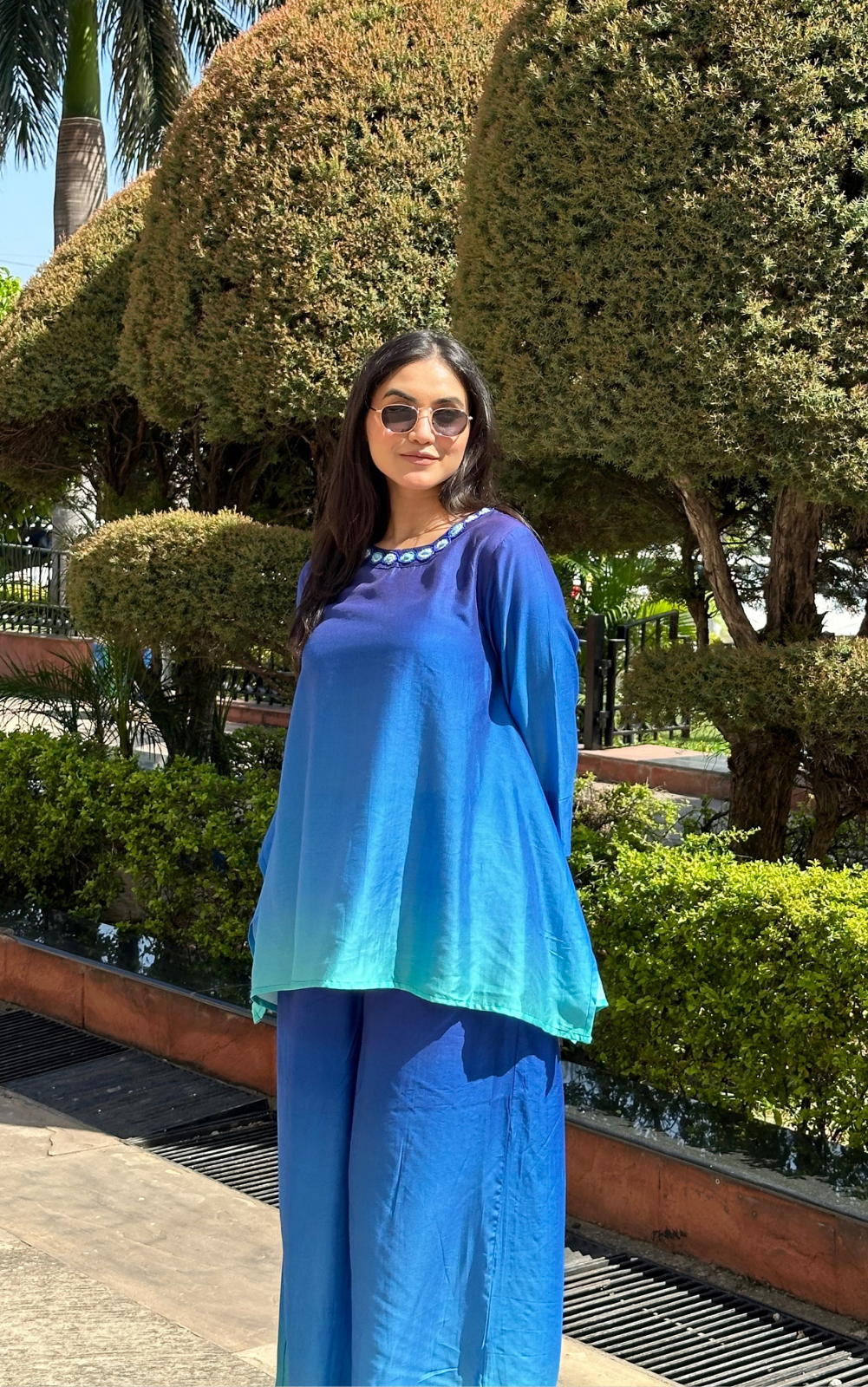 Gradient Blue-Aqua Co-ord Set with Evil Eye Neckline