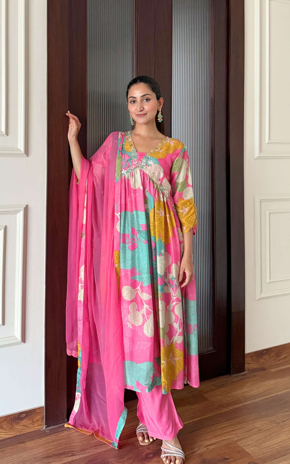 Pink Floral Printed Chinon 3-Piece Suit with Chiffon Dupatta