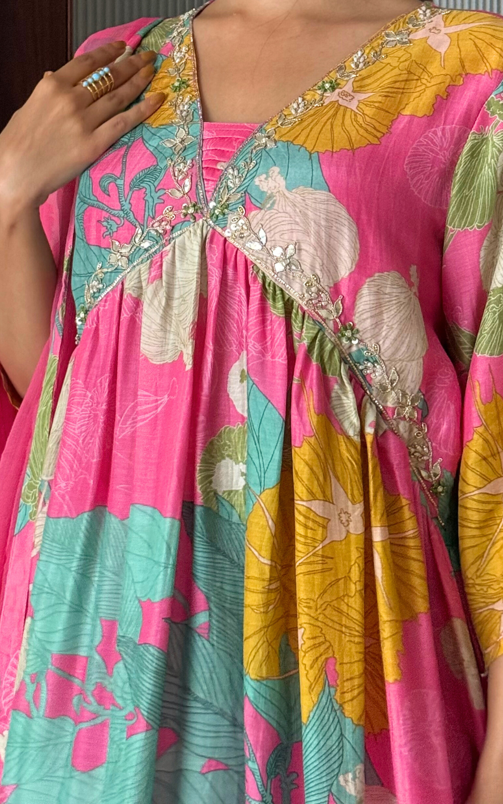 Pink Floral Printed Chinon 3-Piece Suit with Chiffon Dupatta