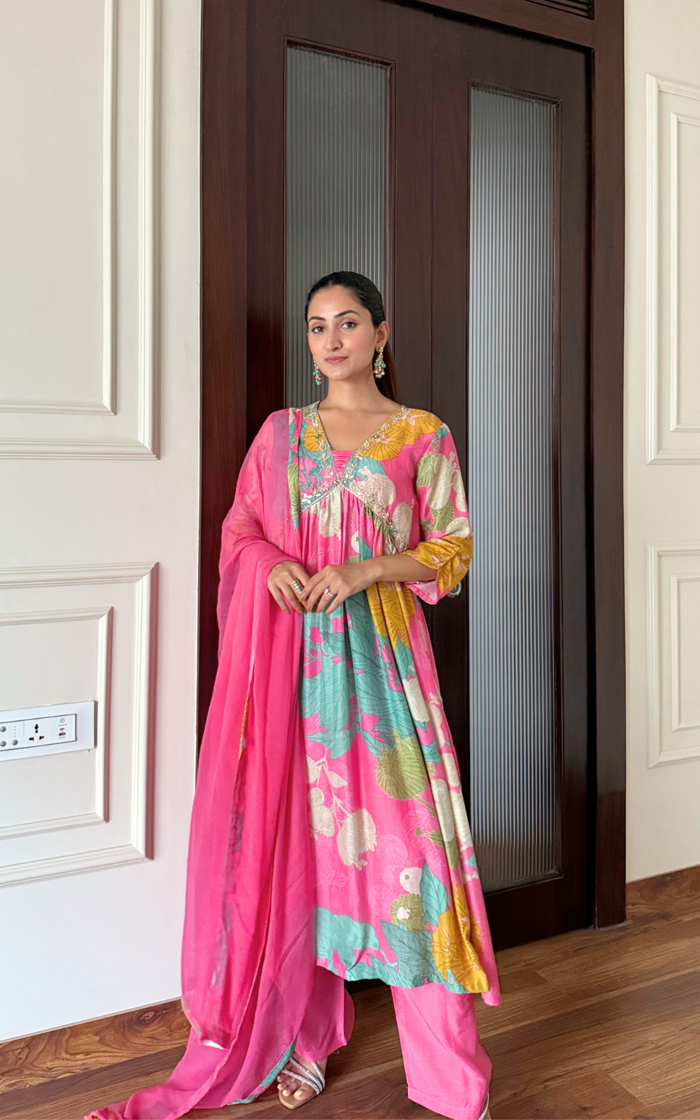 Pink Floral Printed Chinon 3-Piece Suit with Chiffon Dupatta