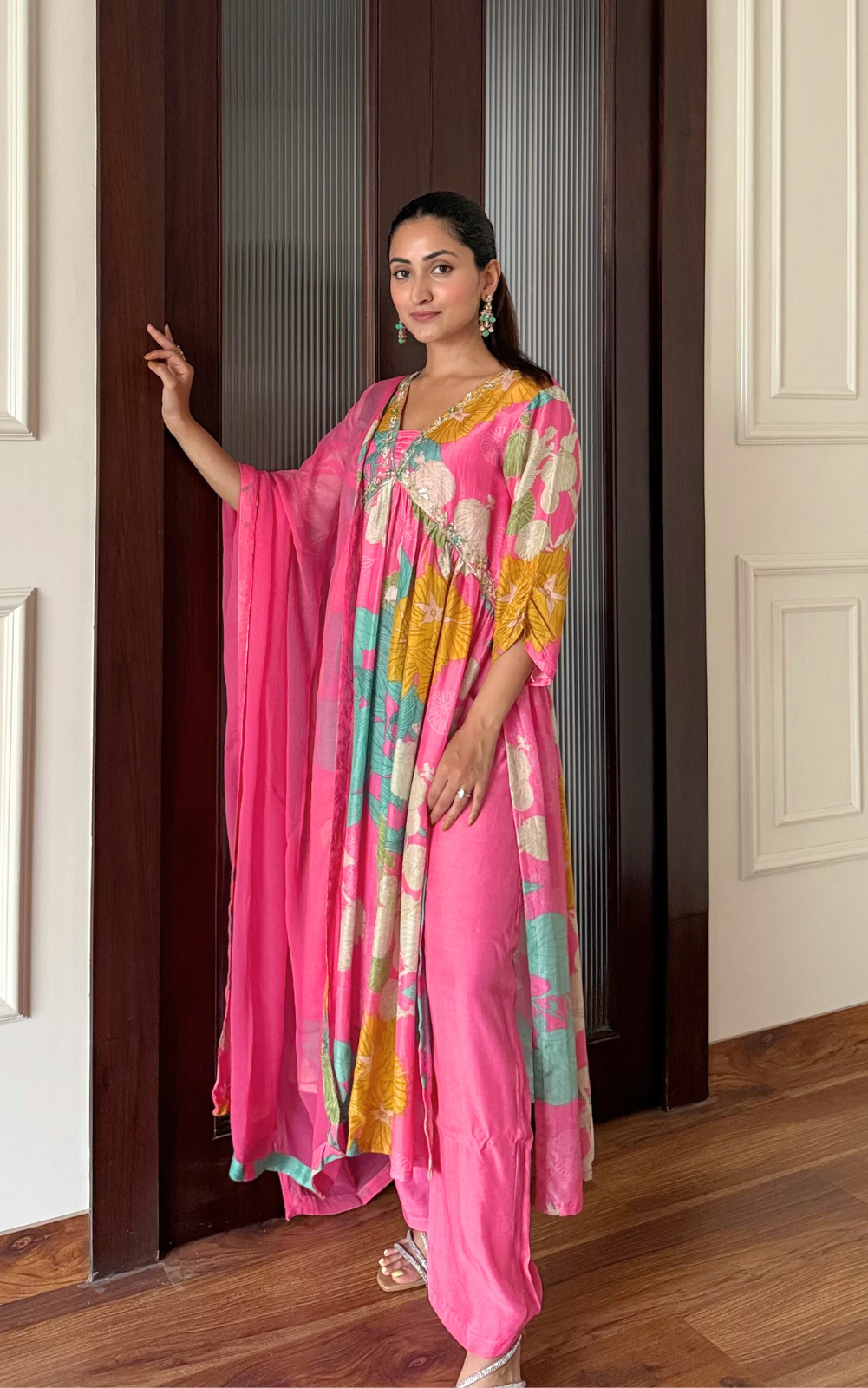 Pink Floral Printed Chinon 3-Piece Suit with Chiffon Dupatta