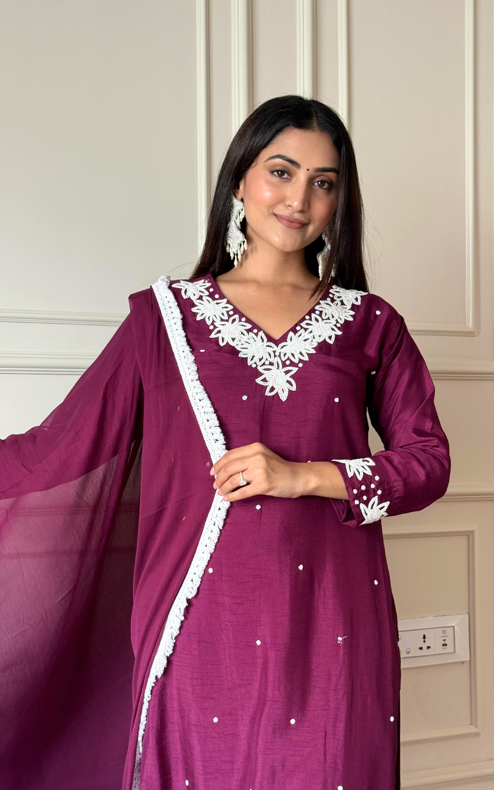 Wine Russian Silk 3-Piece Suit with Chiffon Dupatta