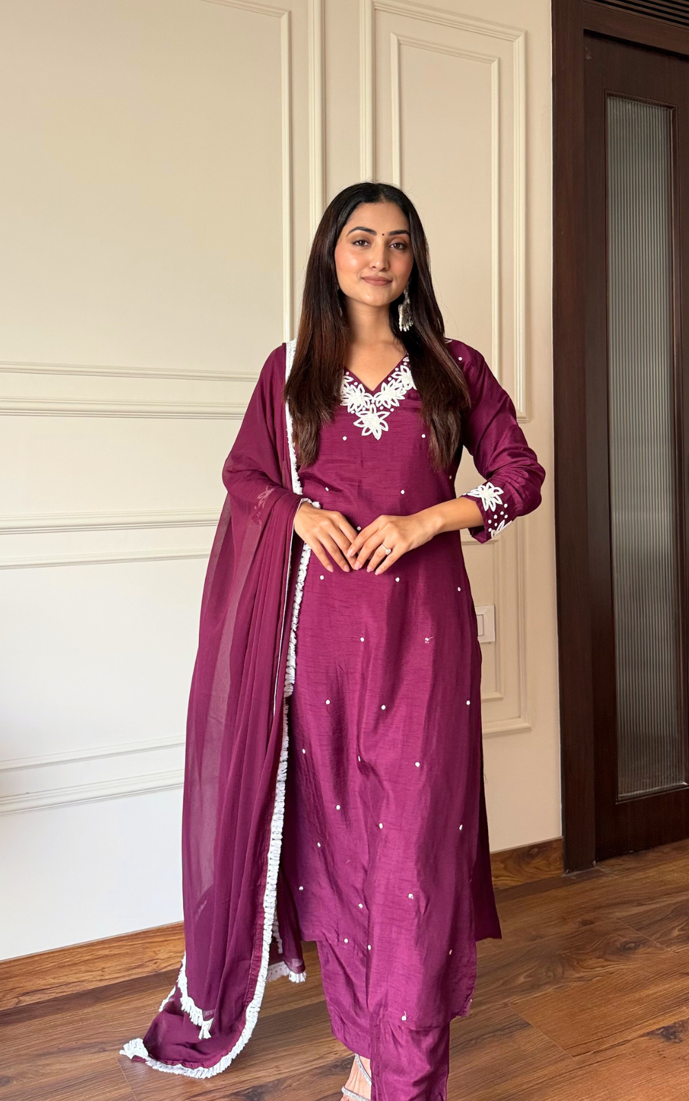 Wine Russian Silk 3-Piece Suit with Chiffon Dupatta