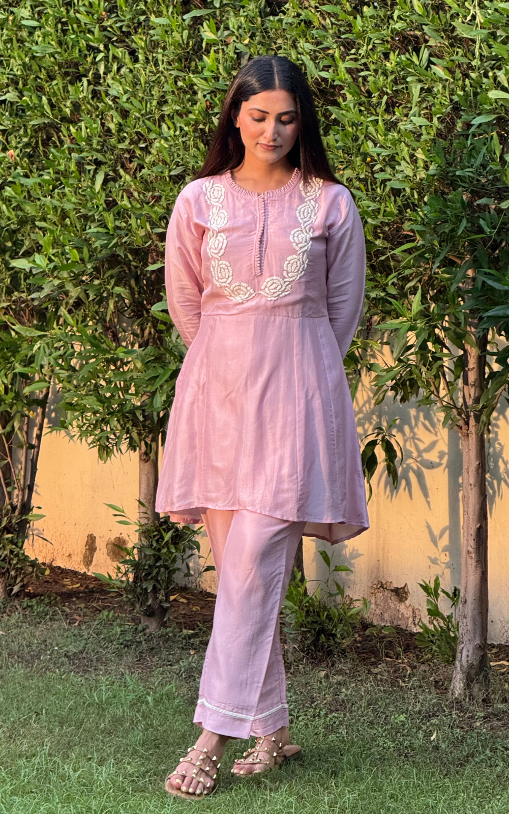 Baby Pink Muslin Silk Co-ord Set with Bead Embroidery