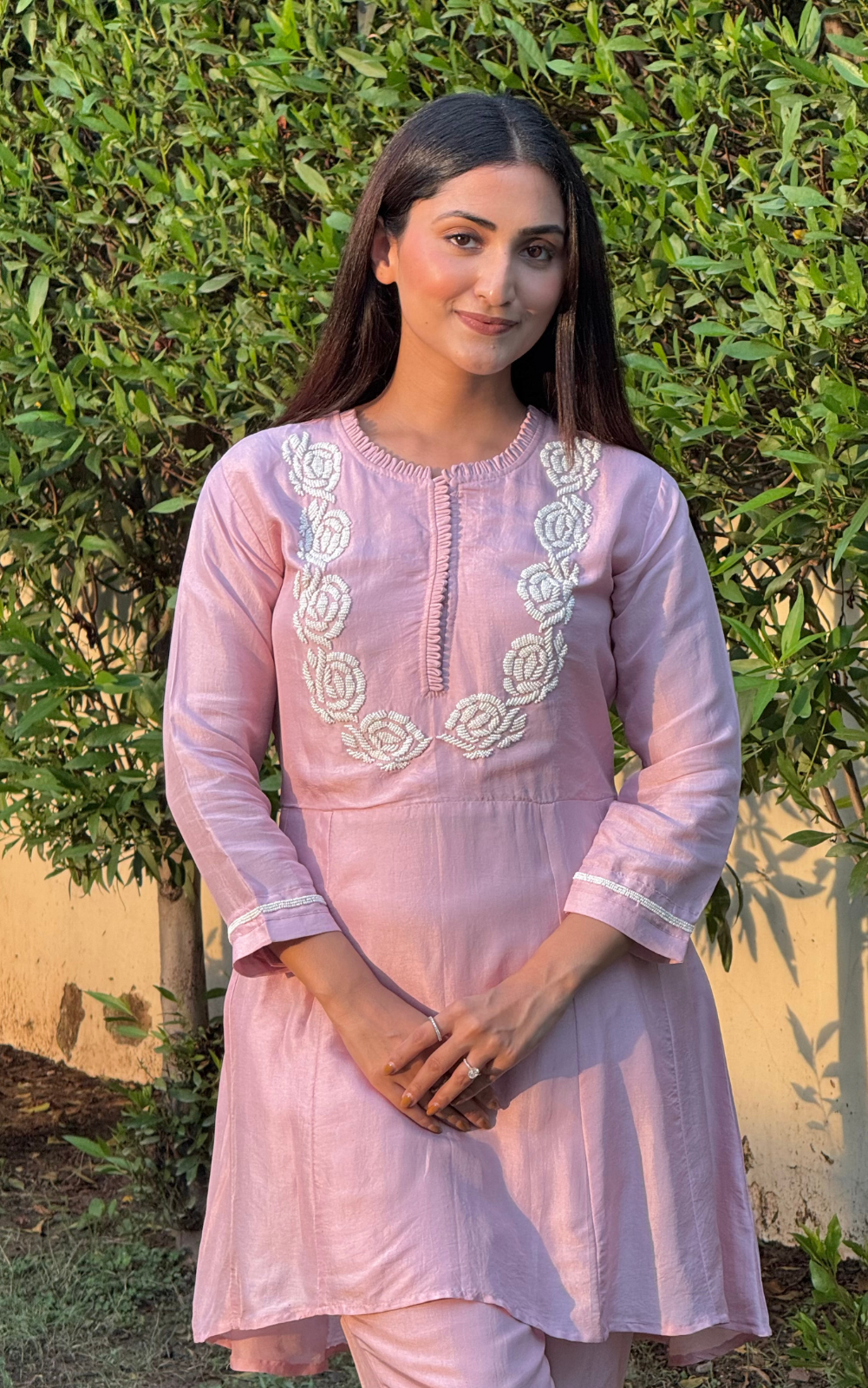 Baby Pink Muslin Silk Co-ord Set with Bead Embroidery