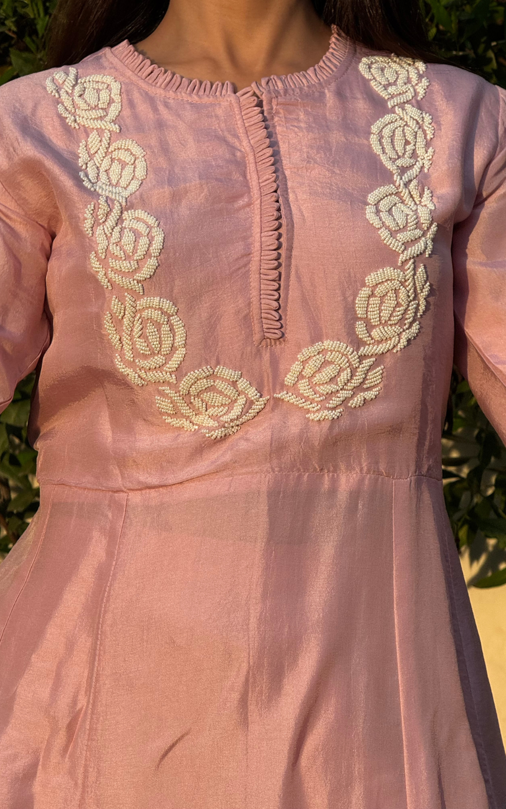 Baby Pink Muslin Silk Co-ord Set with Bead Embroidery