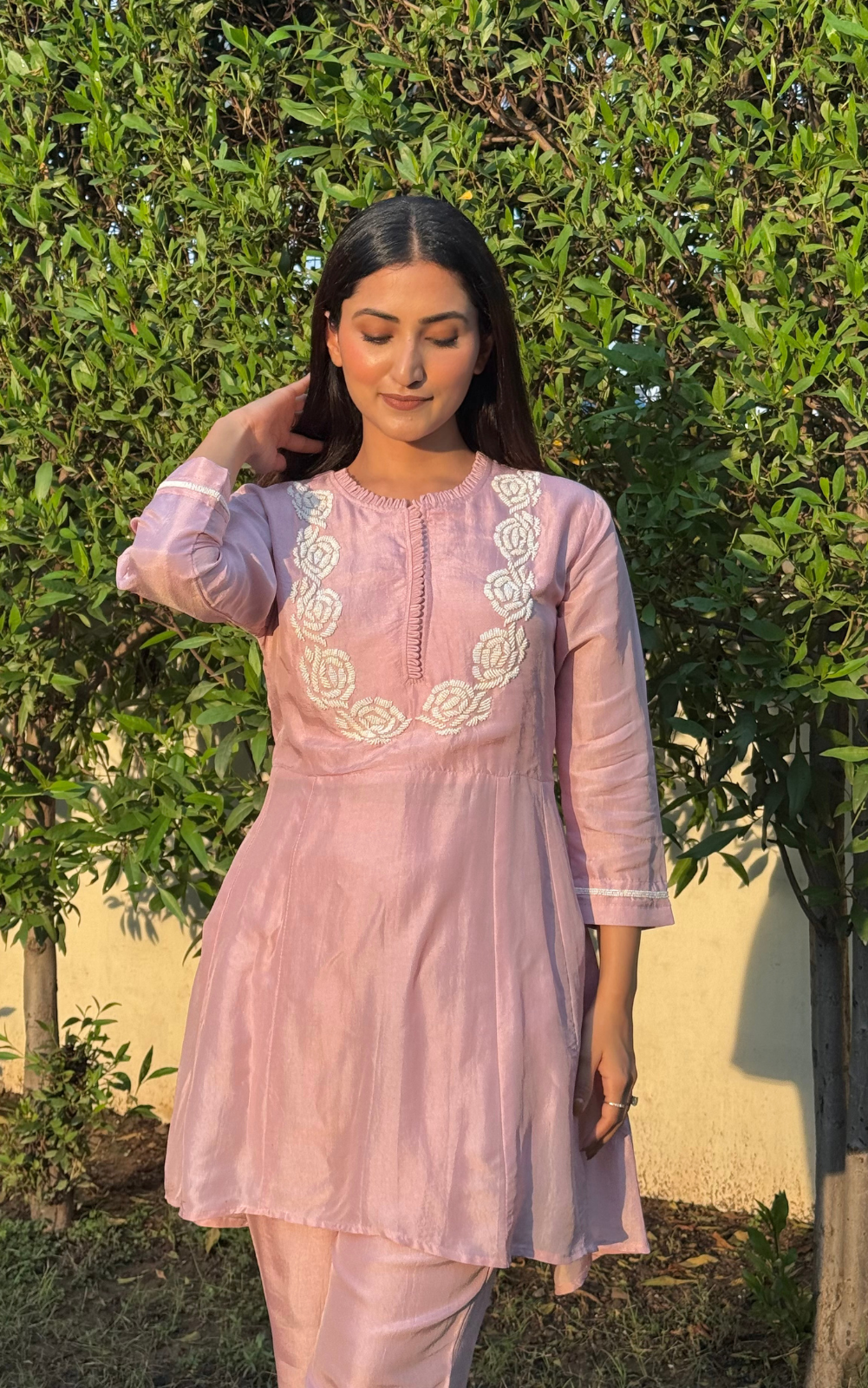 Baby Pink Muslin Silk Co-ord Set with Bead Embroidery