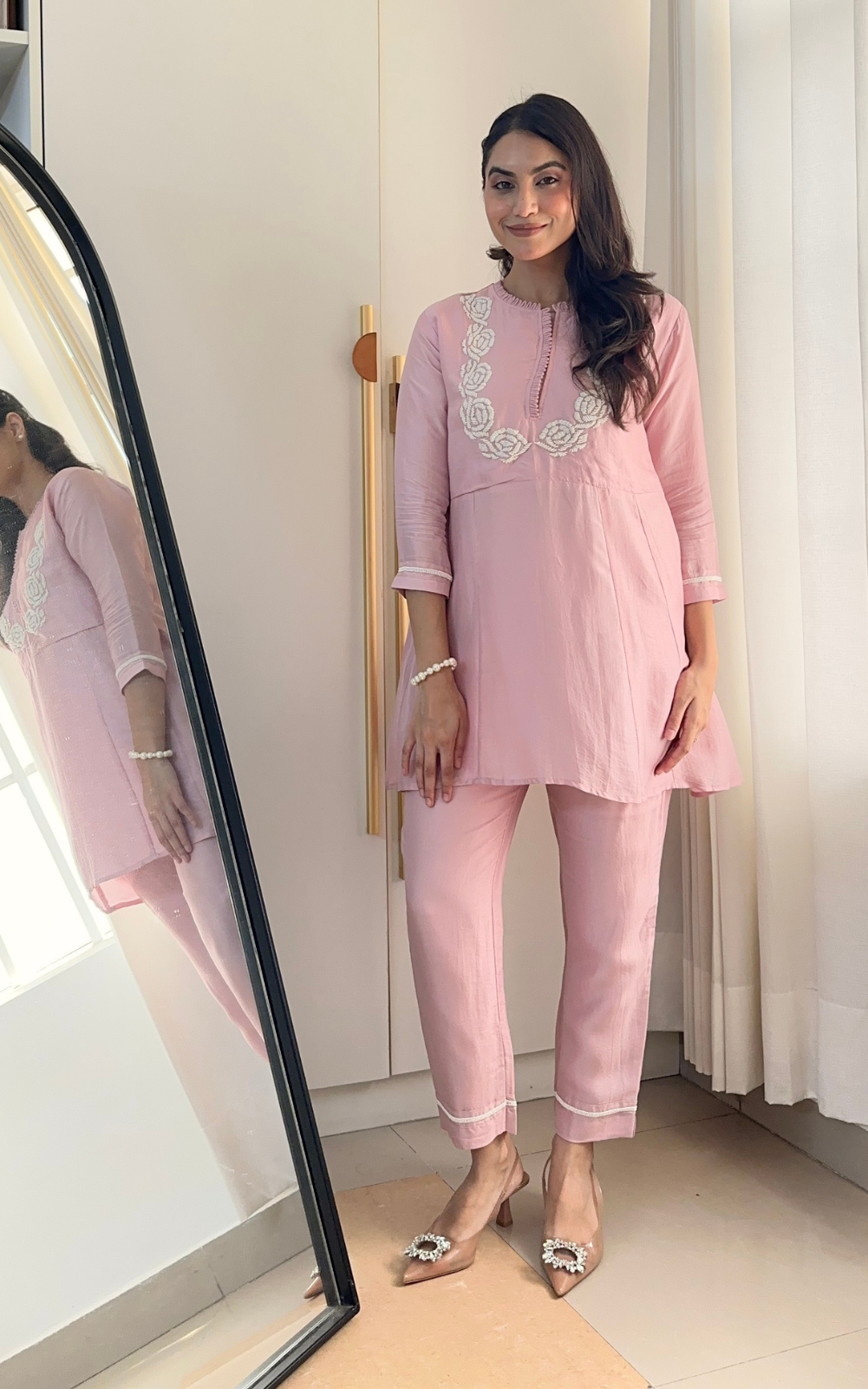 Baby Pink Muslin Silk Co-ord Set with Bead Embroidery
