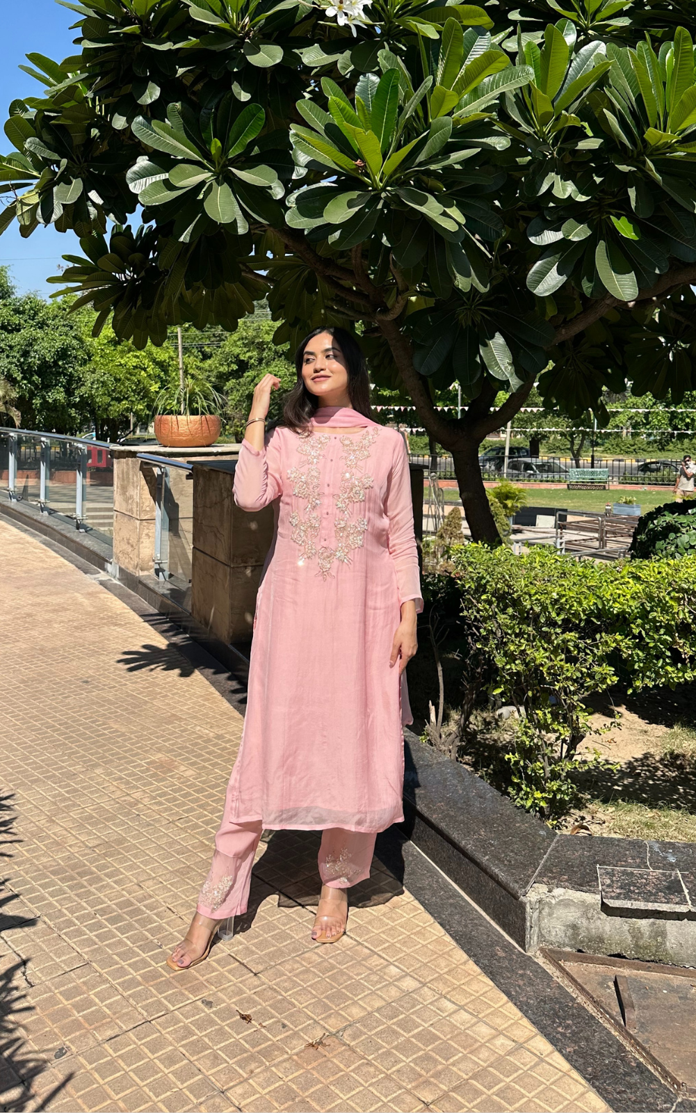 Blush Pink Organza 3-Piece Suit with Hand Embroidery