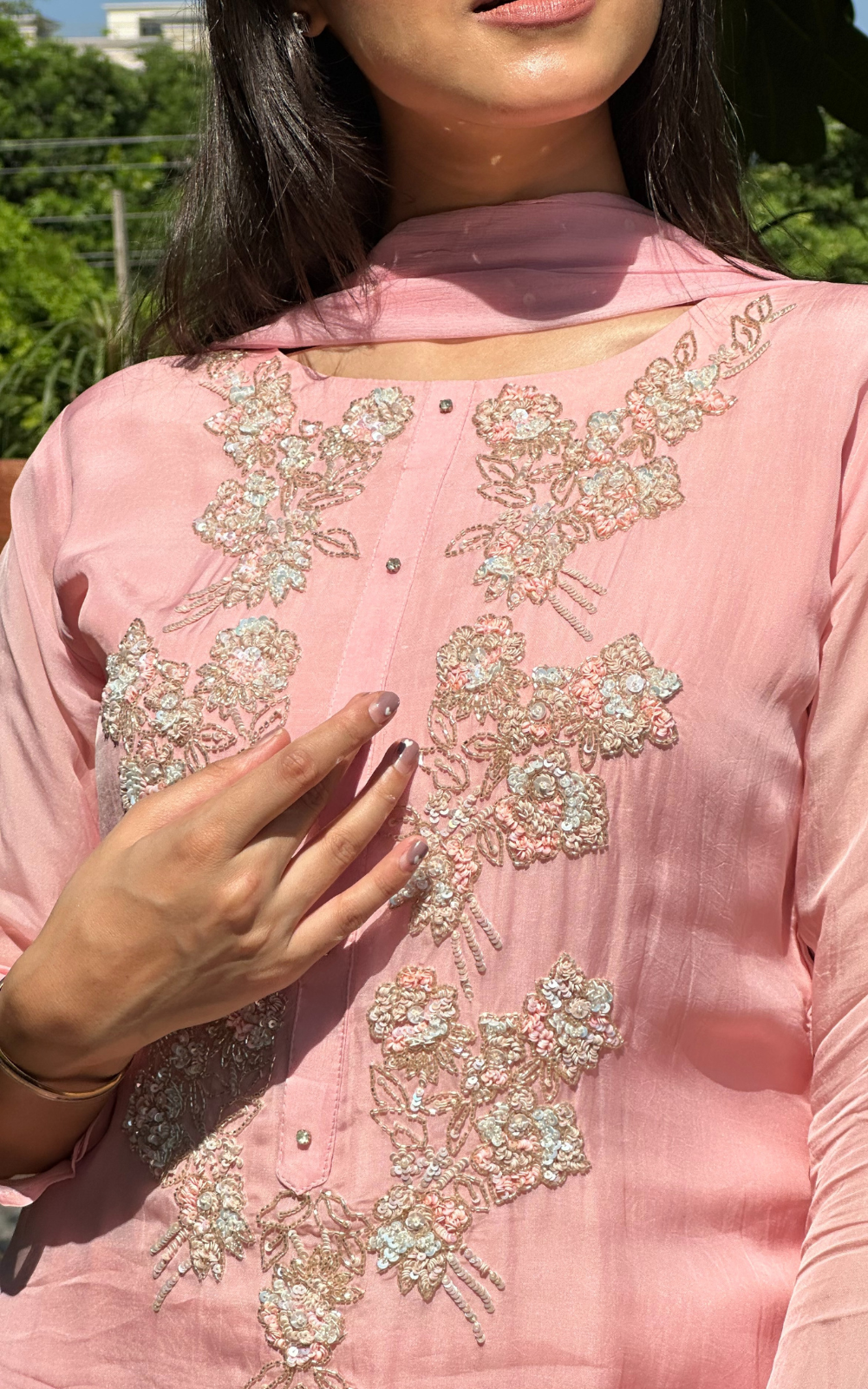 Blush Pink Organza 3-Piece Suit with Hand Embroidery