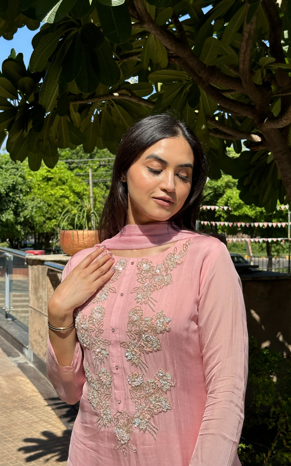Blush Pink Organza 3-Piece Suit with Hand Embroidery