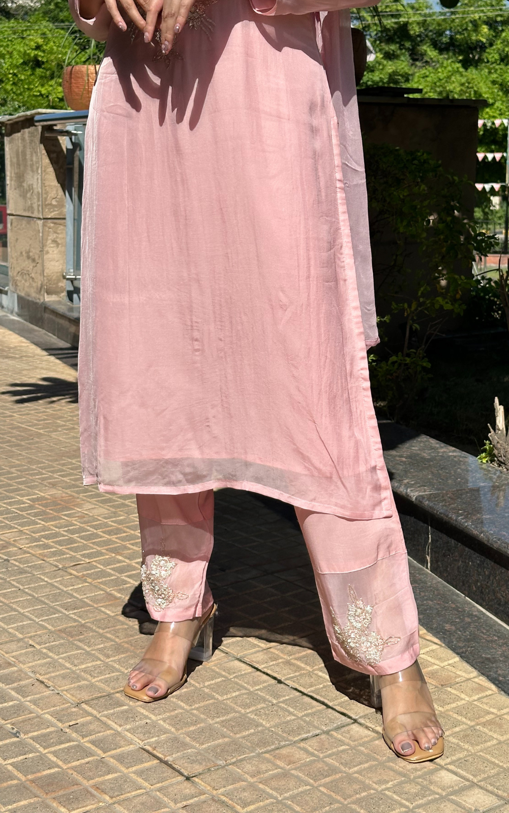 Blush Pink Organza 3-Piece Suit with Hand Embroidery