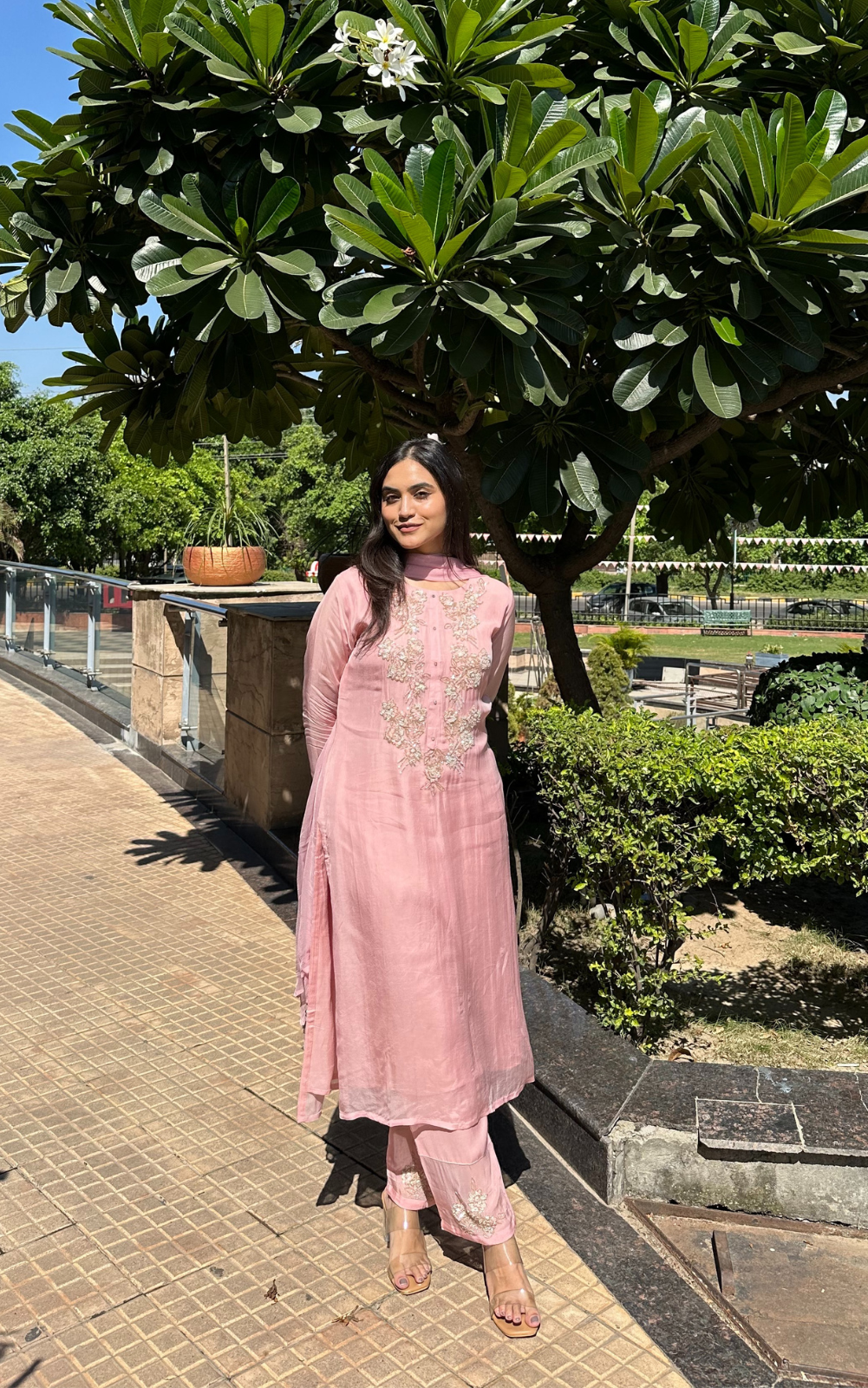 Blush Pink Organza 3-Piece Suit with Hand Embroidery