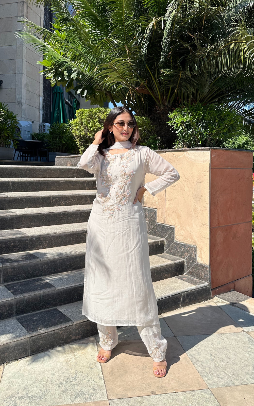 Pearl Beige Organza 3-Piece Suit with Hand Embroidery