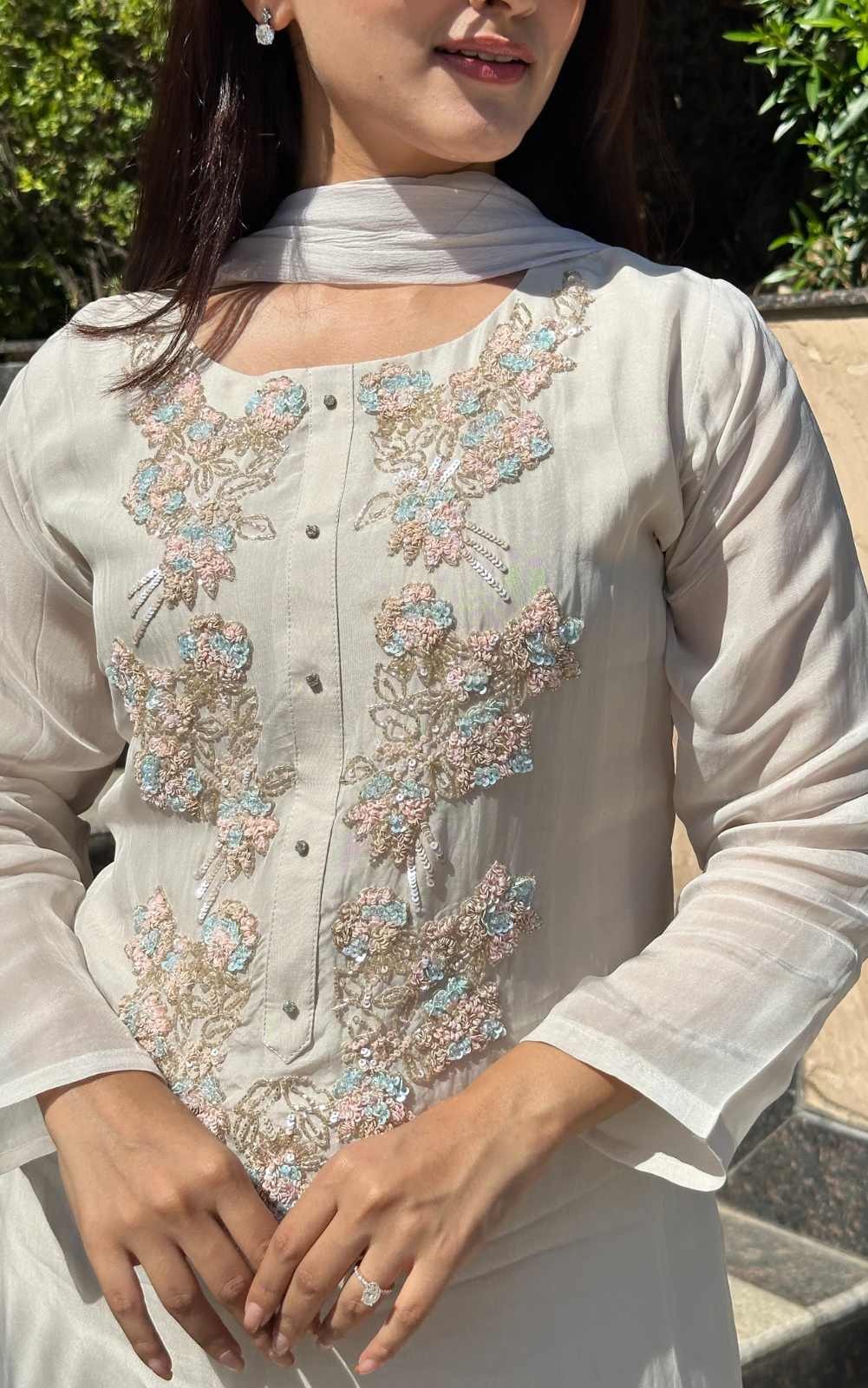 Pearl Beige Organza 3-Piece Suit with Hand Embroidery