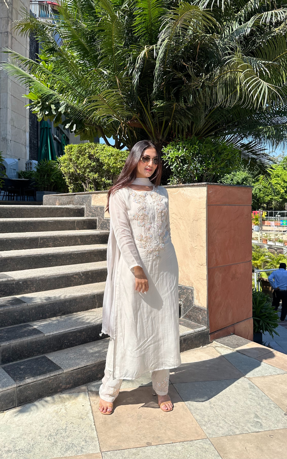 Pearl Beige Organza 3-Piece Suit with Hand Embroidery