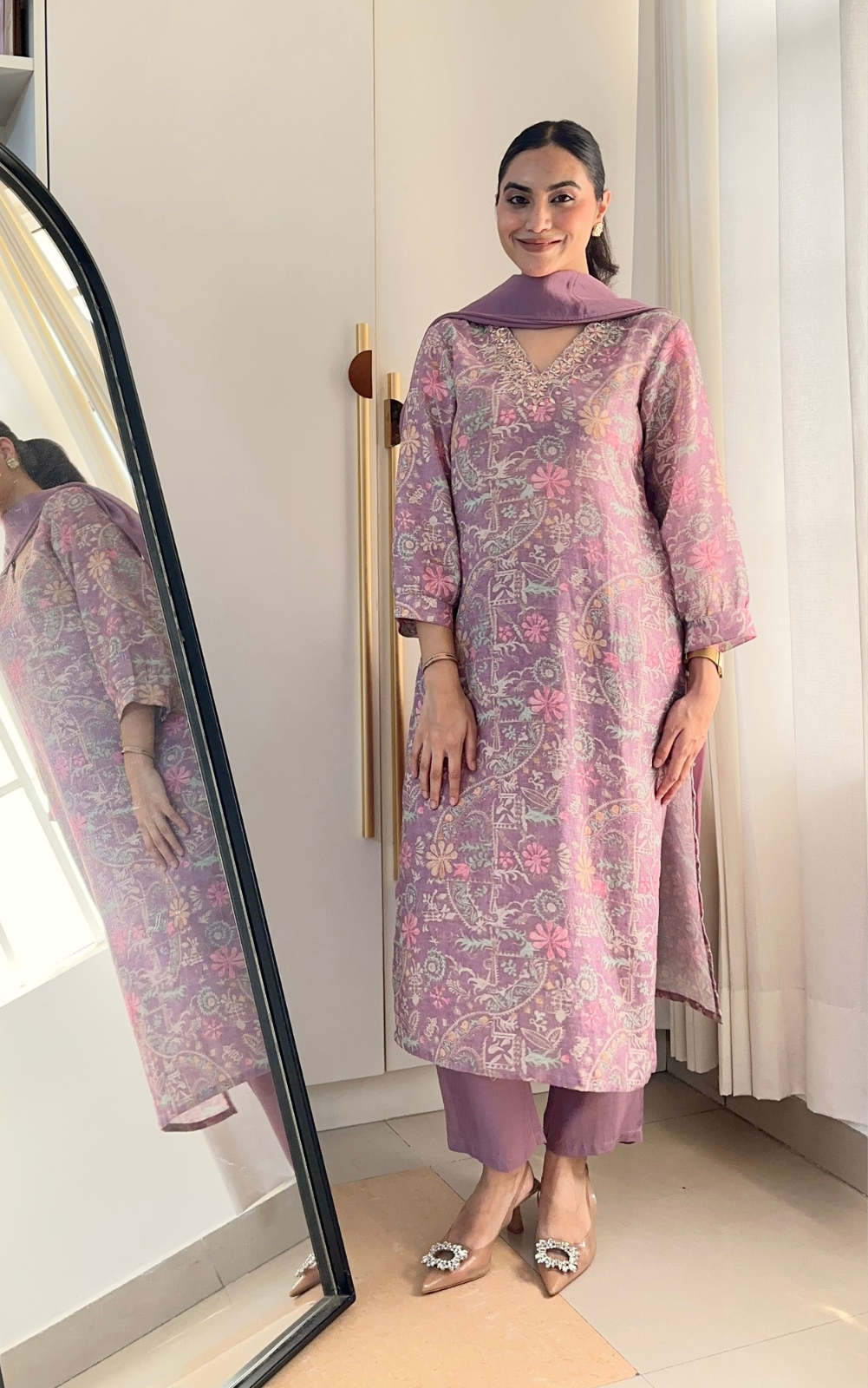 Linen Printed 3-Piece Suit with Hand Embroidery