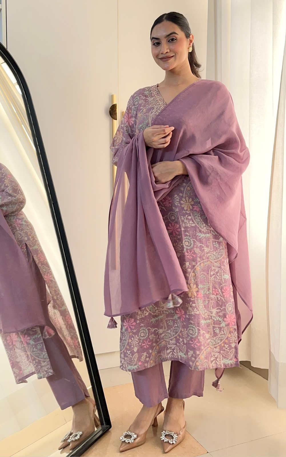 Linen Printed 3-Piece Suit with Hand Embroidery