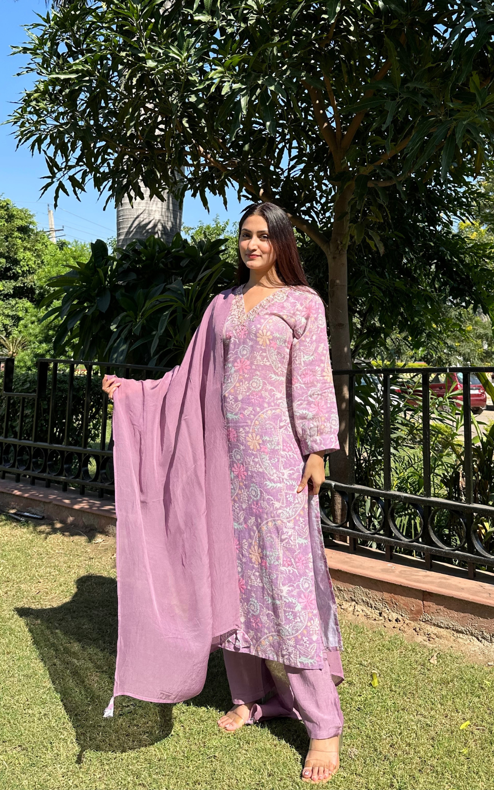 Linen Printed 3-Piece Suit with Hand Embroidery