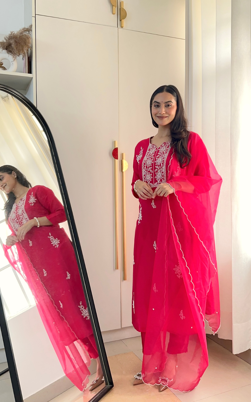 Rani Pink Russian Silk 3-Piece Suit with Bead Hand Embroidery