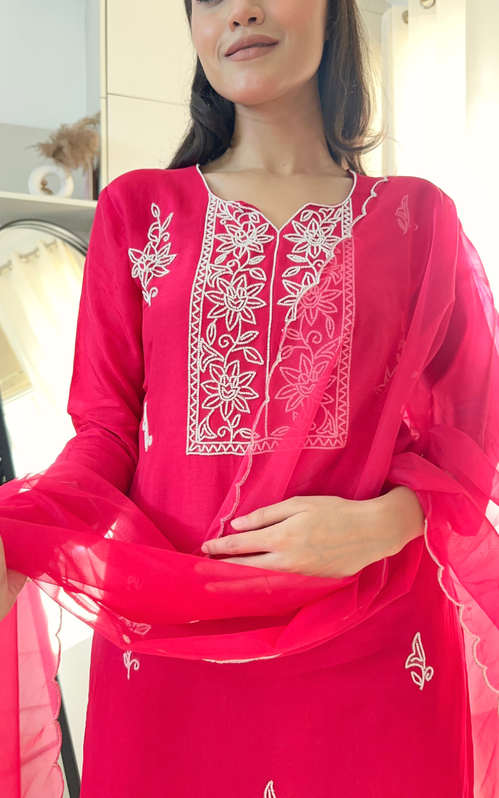 Rani Pink Russian Silk 3-Piece Suit with Bead Hand Embroidery
