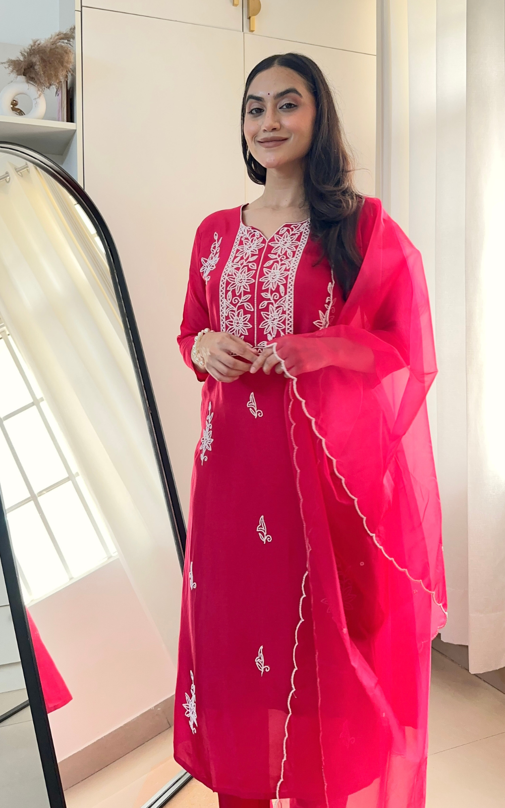 Rani Pink Russian Silk 3-Piece Suit with Bead Hand Embroidery