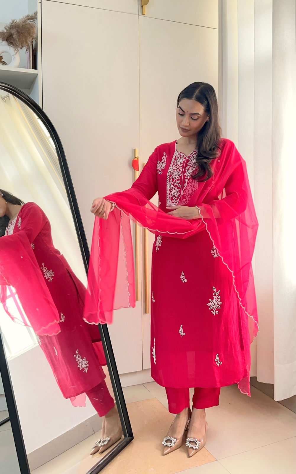 Rani Pink Russian Silk 3-Piece Suit with Bead Hand Embroidery